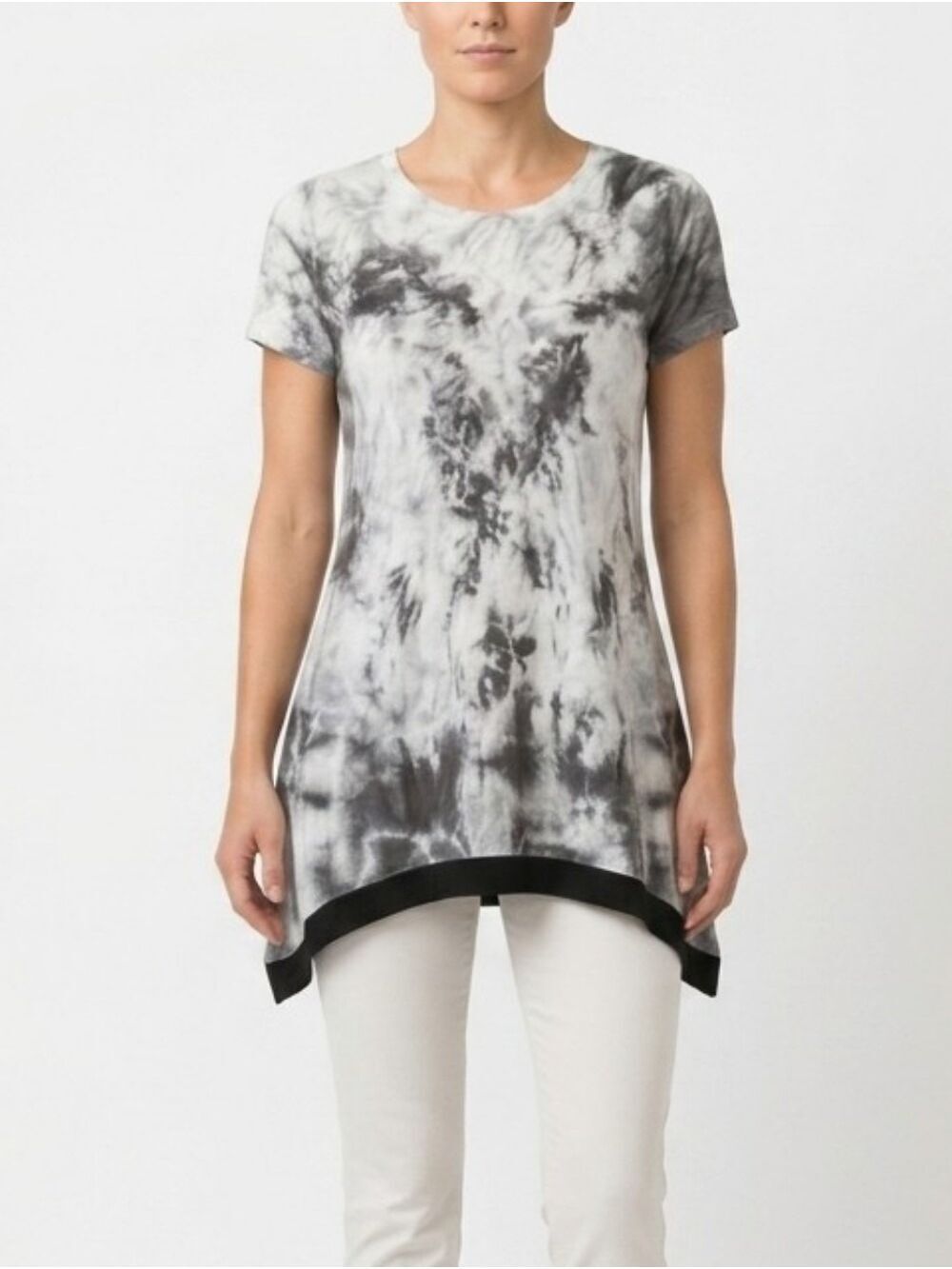 Vocal Black & White Tie-Dye Short Sleeve Tunic with Hem Band